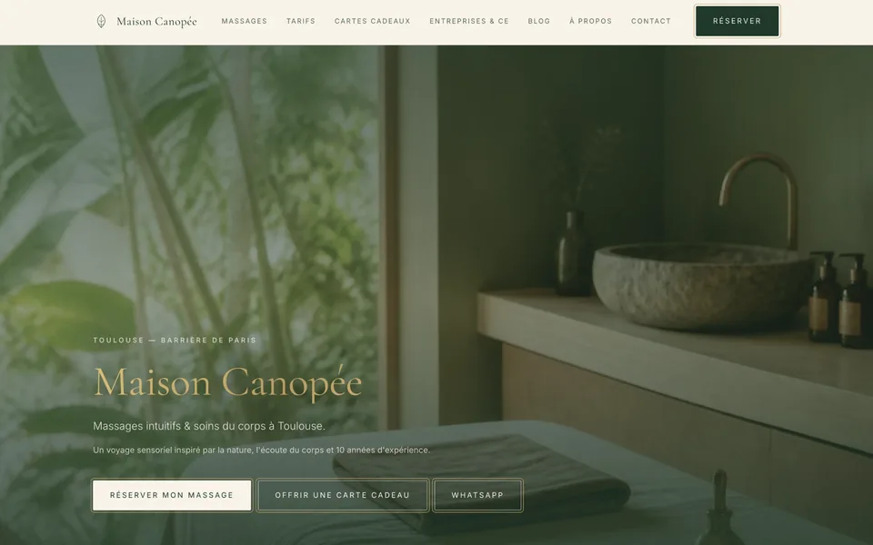 Page d’accueil du site Maison Canopée, salon de massage à Toulouse