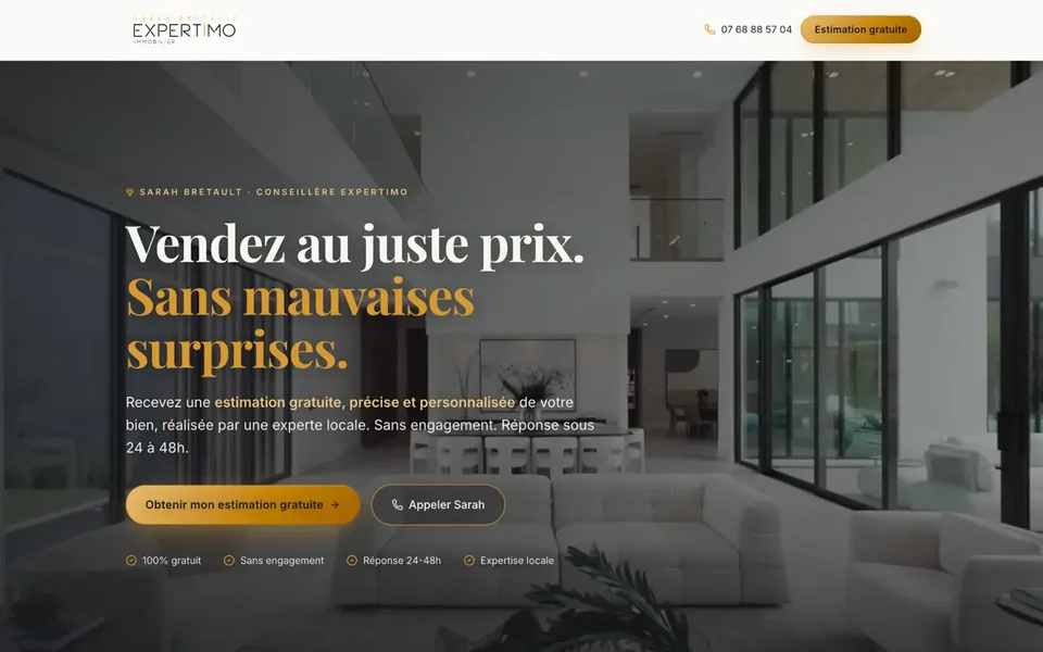 Landing page de Sarah Bretault, conseillère immobilière Expertimo
